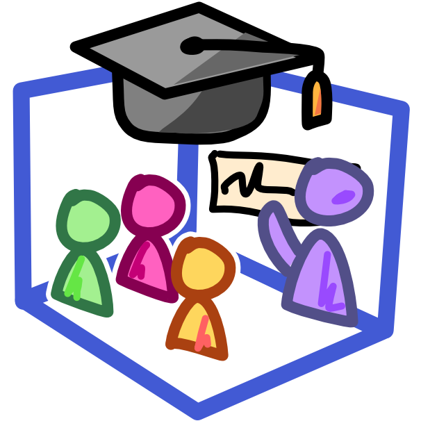 a blue outline of a room, there’s a black graduation cap at the top of the room. there’s a tan board with black writing on it on the wall with a purple person pointing to it. there’s 3 other figures looking at the board, green, pink, and yellow and they’re all outlined in white.